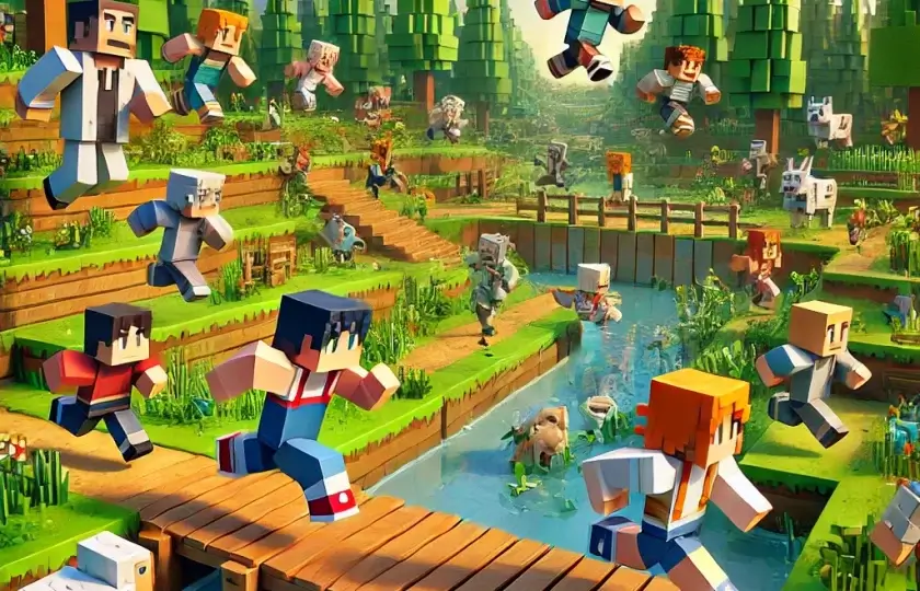 Dall·e 2024 10 10 22.30.18 A Fun Minecraft Mod Scene Featuring Lots Of Blocky Minecraft Humans Running, Jumping, And Playing In A Lively, Colorful Environment. The Landscape Inc (2)